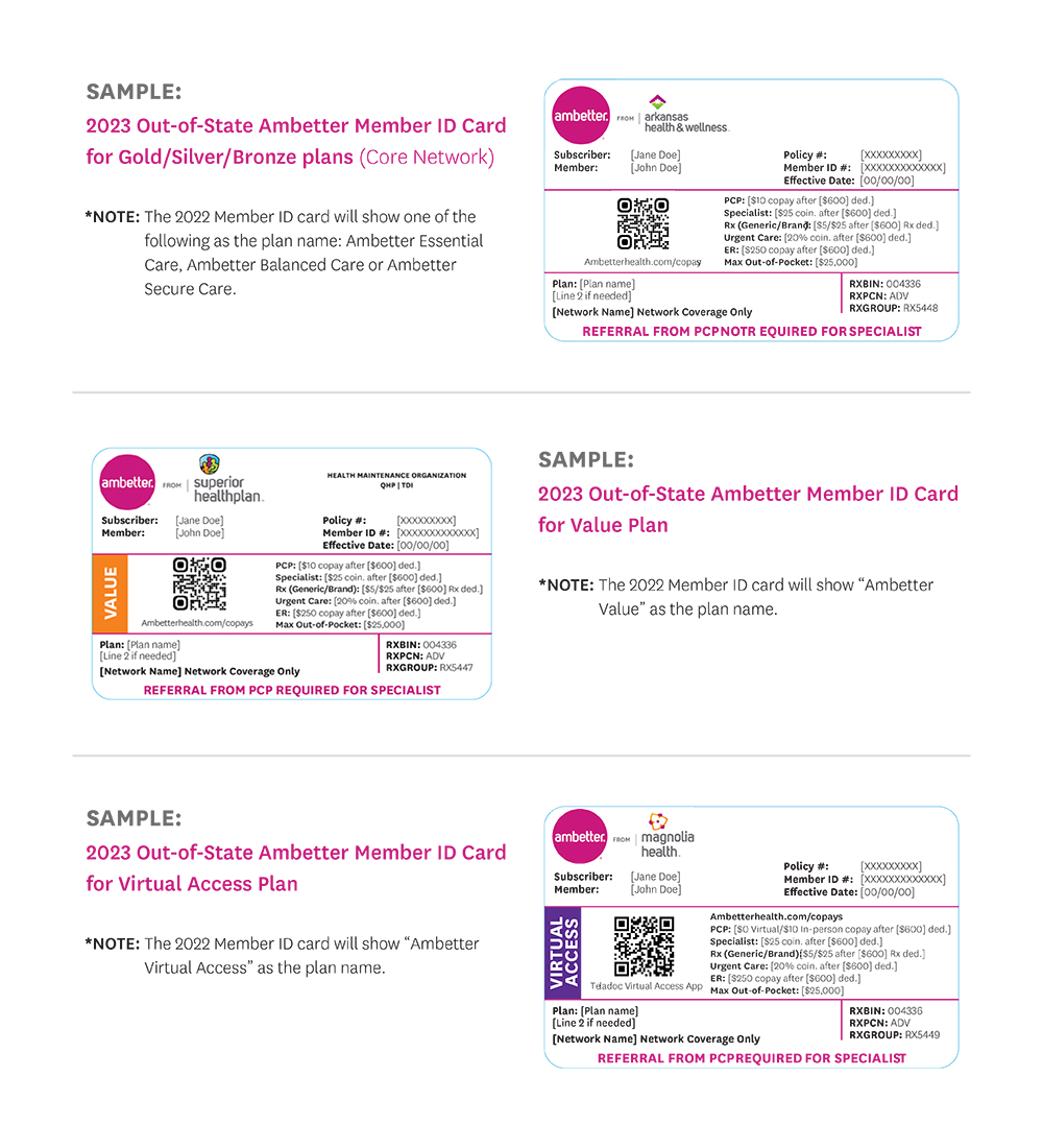 Samples of out-of-state Member ID cards for Ambetter Gold, Silver, Bronze, Value and Virtual Access plans